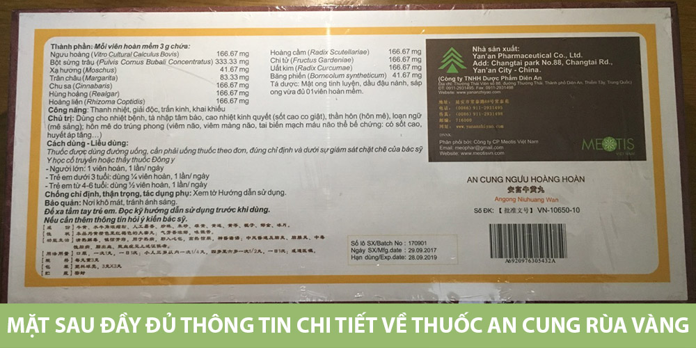 Mặt sau đầy đủ thông tin chi tiết về Thuốc An cung rùa vàng