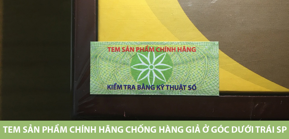 Tem sản phẩm chính hãng chống hàng giả ở góc dưới trái hộp Thuốc An cung Rùa vàng